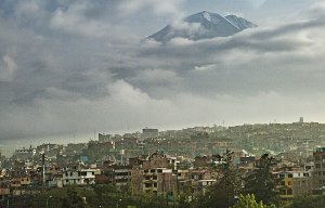 El Misti volcano makes a brief appearance as we leave